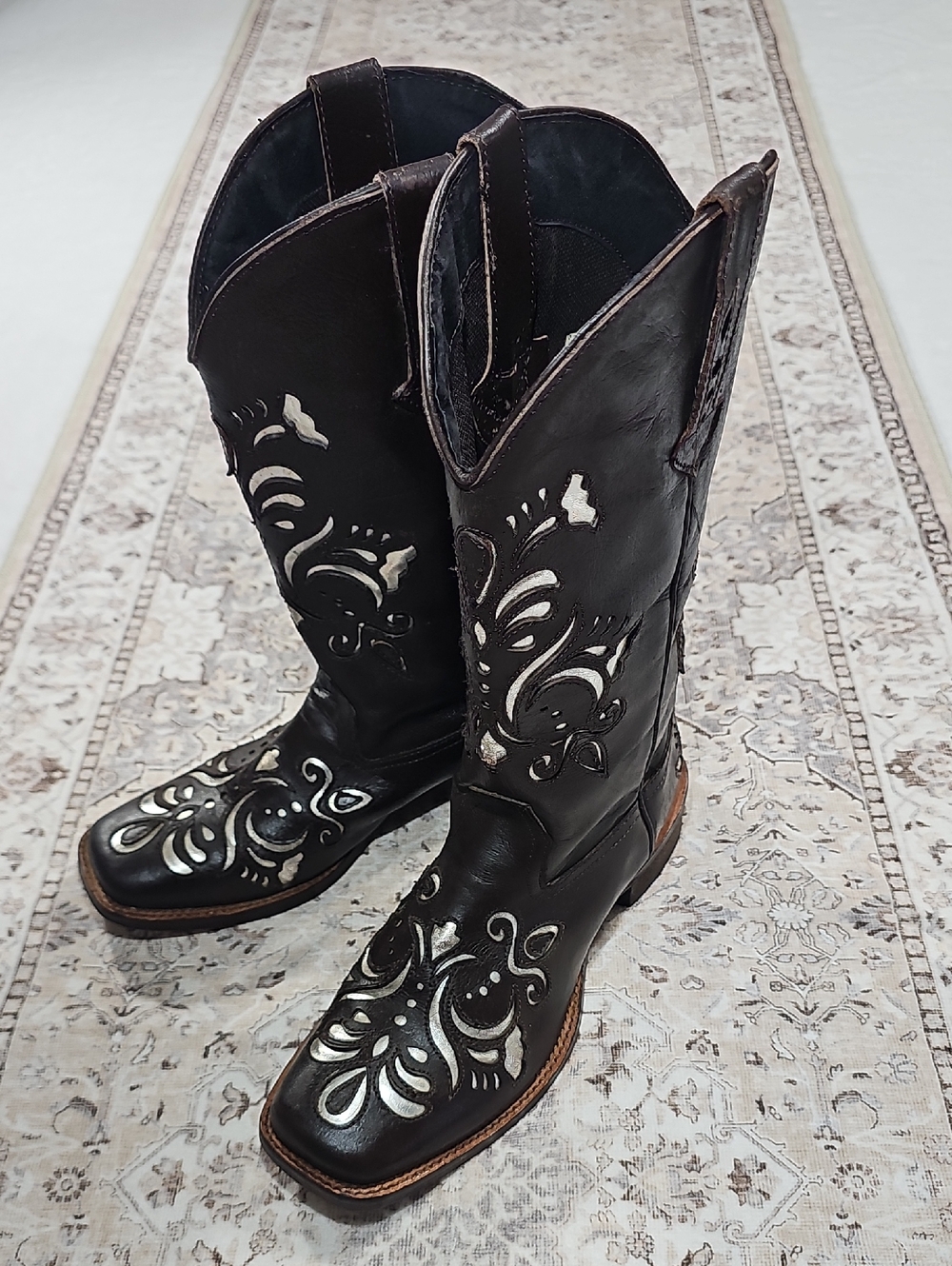Roper Womens Brown‎ Leather Silver Floral Embroidery Western Boots